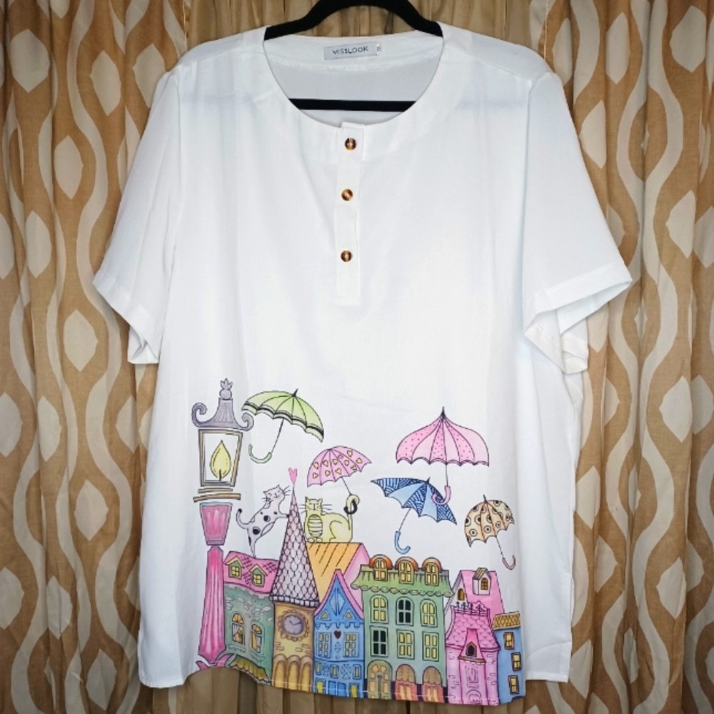 Colorful cats & umbrellas blouse